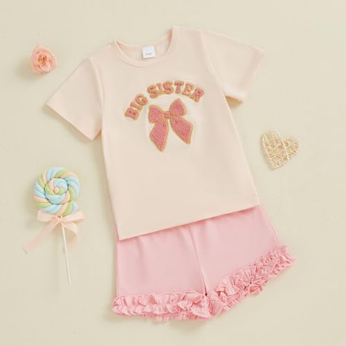 Big Sister Little Sister Matching Outfits Embroidered Bow Little/Big Sister Shirt Ruffle Shorts 18 Month 2T 3T 4T3