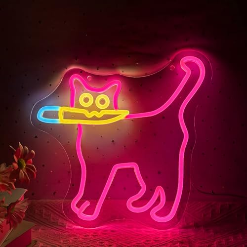 Image of Cautiously Cat Neon Signs, Funny Cat With Knife Neon Light for Wall Decor, Dimmable Animal Sign for Restaurant Kitchen Kid Room Pet Shop Bedroom Home Party Decor (Magenta)