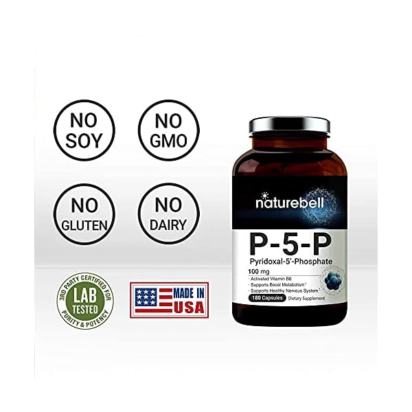 P5P-Vitamin-as-Pyridoxal-5-Phosphate-100mg-180-Capsules-Activated-P5P-Vitamin-B6-Supplements-Support-Brain-Health-Memory-Function-No-GMOs NatureBell P5P Vitamin B6 100mg Per Serving, 240 Capsules | Activated Pyridoxal 5 Phosphate Supplements – Essential B Vitamins for Brain & Memory Health – Non-GMO