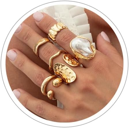 Chunky Gold Rings for Women Stackable Baroque Pearl Ring Opening Adjustable Chunky Knuckle Rings Pearl Flower Ring Set for Women