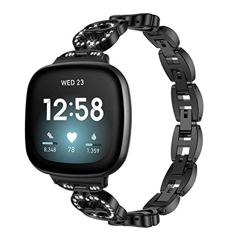 Kartice Bracelet Compatible with Fitbit Sense Bands and Fitbit Varsa 3 Metal Band, Slim Crystal Rhinestone Bling Jewelry Dressy Bracelet for Versa Sense Women Girls Stylish Wristbands (Black)