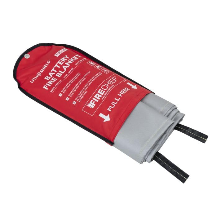 Firechief LithShield - Manta ignífuga con batería resistente de 1,55 x 1,55 m (FBBT155), aprobada por DIN 91489, soporta hasta 1300 °C, ligera y fácil de usar, reduce los humos tóxicos