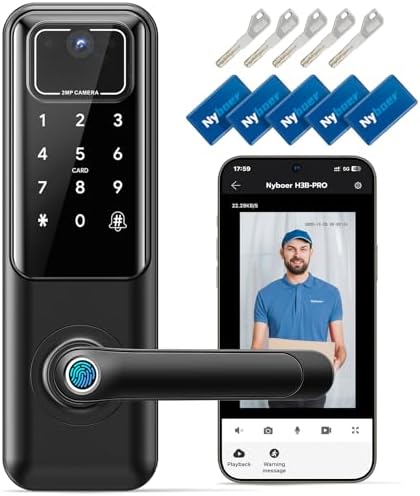 WiFi Video Smart Door Lock with Camera & Doorbell, Keyless Entry Fingerprint Lock with Handle for Front Door, Nyboer Keypad Electronic Digital with Rechargeable Lithium Battery, Easy Installation
