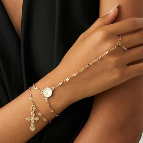 Image of Long tiantian Hand Chain Bracelet Gold Link Finger Ring Slave Bracelet