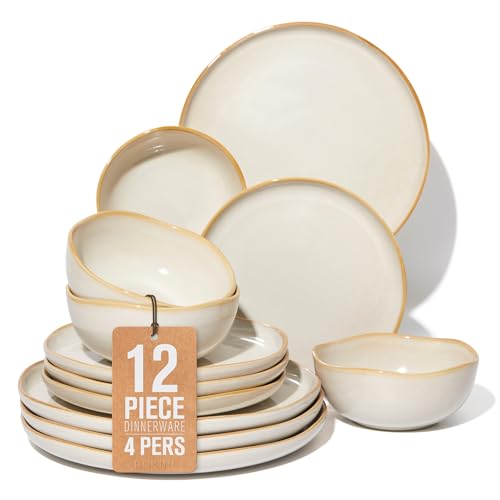 Image of Ceramic Plates and Bowls Set, Everyday Dinnerware Set for 4, Wavy Rim Kitchen Dish Set, Chip Resistant Dishware Sets, Dishwasher Safe Dinner Set, Designed for Simple Meals, Yellow White