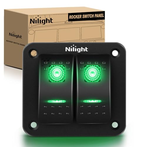 Image of Nilight 2 Gang Rocker Switch Panel SPST On Off Toggle with DIY Label Sticker | 5PIN Electrical 12V /20A 24V /10A Aluminum Plate with Pre-Wired Jumper Wires for LED Light Bar RV Boats 4X4 Cars Green