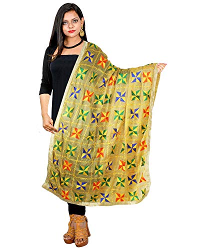 Traditional Punjabi Phulkari Dupatta Chiffon Multicolor Embroidered Stole Scalf Chunni Hijab for Woman