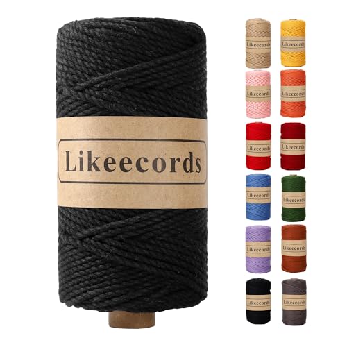 Likeecords Cotton Macrame Cord 3mm x 100m, 3 Strand Twisted, Macrame Rope, Macrame String Cotton Yarn, Macrame Yarn (Black) (T3002)