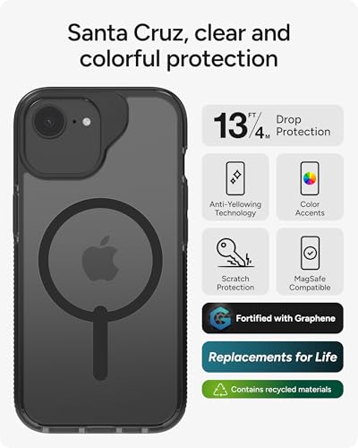 Image of ZAGG Santa Cruz Snap Case for iPhone 17e / 16e / 15 /14 / 13 - Slim, 13ft Drop Protection, Wireless Charging Compatible, Graphene Strength, 70% Recycled Material, Anti-Scratch, Secure Grip, Clear, Black