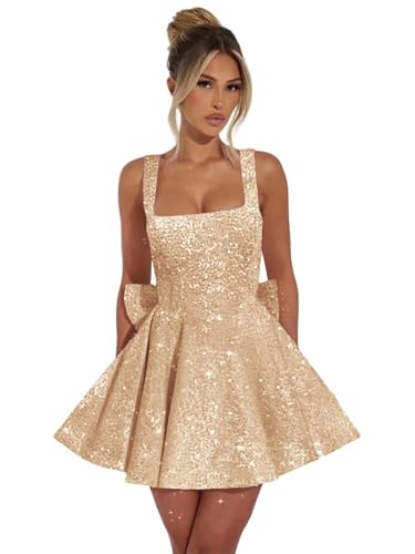 LORIE Sparkly Short Homecoming Dresses with Bow Square Neck A-Line HOCO Dress 2025 Cocktail Party Gowns