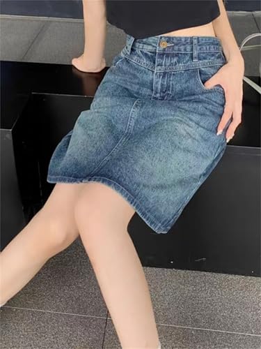Women Summer Knee-Length Jean Skirt Vintage High Waist Casual A-Line Denim Skirt4