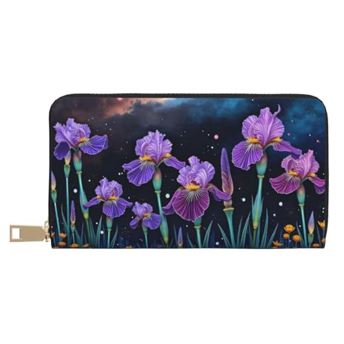 Wallet Women - Magical Purple Iris Garden Print Leather Wallet for Women with Zipper, Cute Bifold Long Ladies Wallets