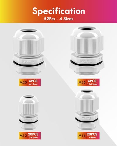 52 Stück Kabelverschraubung Set, Gorffy IP68 Kabeldurchführung Wasserdicht M12 M16 M20 M25, Kabelverschraubungen für Outdoor Garten Schaltkasten Abzweigkasten, Kunststoff Nylon Kabeldurchführungen