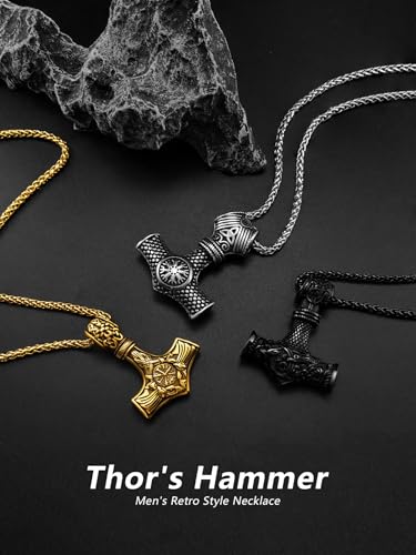 Thor Hammer Necklace for Men, 18K Gold/Black Stainless Steel Hammer Mjolnir Pendant Powerful Amulet Noridc Jewelry Gift for Viking Lover-Send Gift Box4