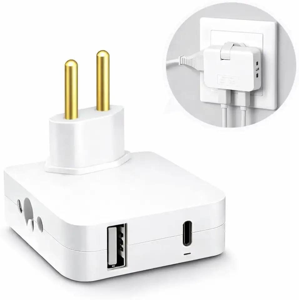 Adaptador de Tomada Articulado Premium 2 Tomadas + USB + USB-C Bivolt 110/220V – Carregador Inteligente Multifuncional Compacto para Casa, Escritório e Viagem