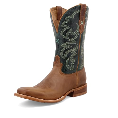 Twisted X Men's 12" Rancher, Wide Square Toe with CellSole, Light Tan & Teal, 9.5 D -  MRAL027-D-9.5