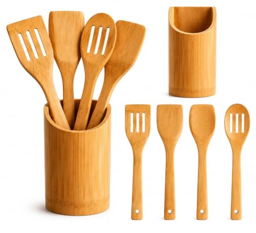Juego de Utensilios de cocina de bambú.Set – 5 piezas con Soporte.Cucharas y Espátulas de Madera Natural para Cocinar.Kit Antirayaduras para Sartenes Antiadherentes – Accesorios de Cocina Resistentes