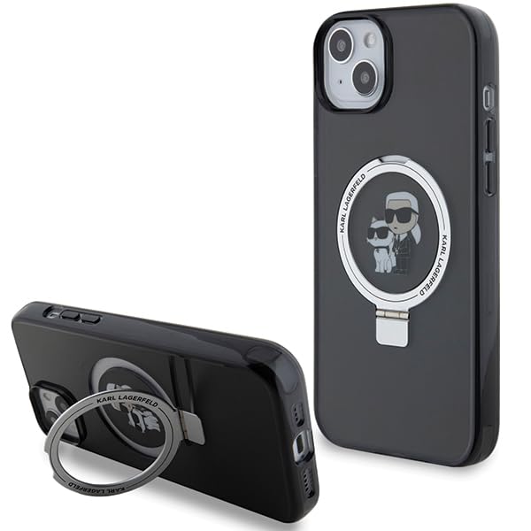 Karl Lagerfeld KLHMP14SHMRSKCK Coque pour iPhone 14/15/13 6,1" Noir Coque Rigide Anneau Support Karl & Choupettte