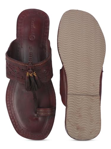 Image of KORAKARI Mens Handmade Kolhapuri Chappal Smooth and Comfortable, Stylish Durable Anti Slip Design Flip Flops Slippers Genuine Leather Traditional Indian Footwear.