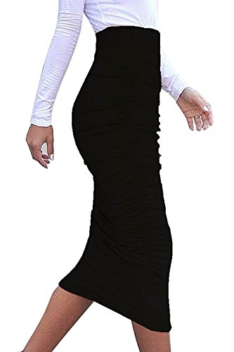 Vivicastle Women's Ruched Frill Ruffle High Waist Pencil Mid-Calf Skirt (1Black, Black, Small) #TOP1