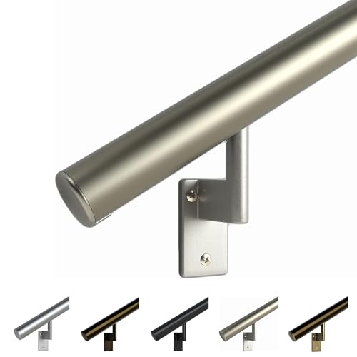 Promenaid Champagne 2ft Flush Handrail Kit - Complete Indoor/Outdoor Stair Handrail - Modern 1.6" Round Satin-Anodized Aluminum Railing with 2 Nickel Plated Pivoting Wall Brackets & Flush Endcaps
