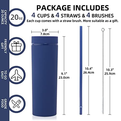 Volhoply 20oz Plastic Skinny Tumblers Bulk 4 Pack,Double Wall Tumbler with Lid and Straw,BPA Free Matte Acrylic Water Cups for Parties(Navy - Image 3