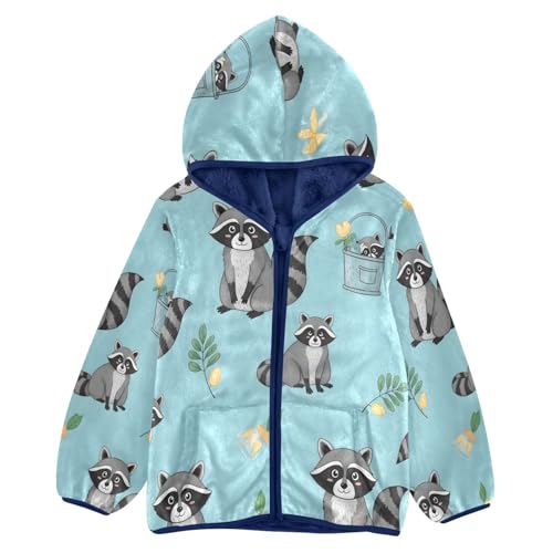 Raccoons with Flowers and Leaves Toddler Fleece Jacket Girl Boys Hooded Fleece Jacket Coat Warm Outwear Zip-up 3-10T