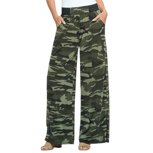 Versatile Dress Up Or Down Ladies Fashion Palazzo Pants - One Size Fits Most (Fits Plus Sizes 14 to 22) Design Camouflage Print