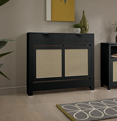 DuraTherm® Radiator Cover Black Painted & Rattan MDF Cabinet Horizontal Slat Storage Drawers & Shelf, Radiator Cabinets for Office Hallway Living Room Bedroom, Medium (H: 111.5cm / W: 96cm / D: 19cm)