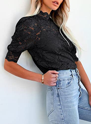 Farysays Women's Casual Summer Puff Short Sleeve Lace Crochet Tops Mock Neck Elegant Cute Blouses Shirts Black Medium #TOP6
