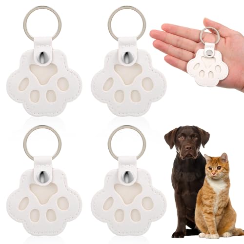 DOPENSPI 4 Stück Schlüsselanhänger mit Pfotenabdruck für Katzen und Hunde, Schlüsselanhänger aus Leder mit Tierpfoten, Süßer Anhänger, Haustier Gedenkgeschenk für Hunde und Katzenliebhaber(Weiß)