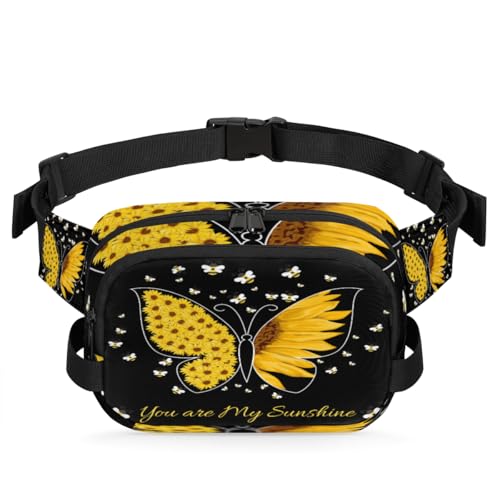 Sunflower Butterflies Bees Waterproof Fanny Pack for Women Men Adjustable Waist Bag with Double Zipper Pockets Lightweight Square Hip Pack for Running Travel Hiking Workout Cycling