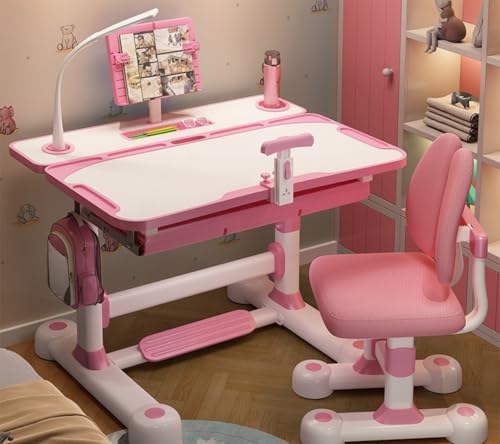 【Vofuxo】デスクセット デスク 椅子 学習机 勉強机 テーブル 机 チェア 80cm 高さ調整可能 文房具収納 多機能 大容量 子供用 塾 日常使用 (ピンク)