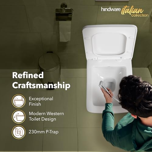 Image of Hindware Italian Collection Enigma Slim Wall Hung Western Commode for Bathroom | Made of Ceramic | P-230 Trap | Star Rated Water Saving | Soft Close | Star White | Geometric Shape | 10-Year Warranty
