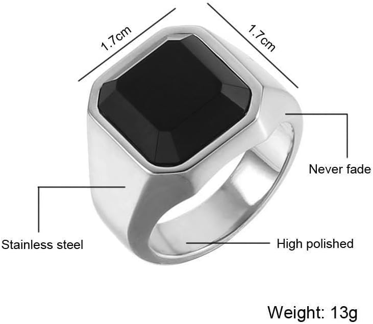 QUSIIOSLK Solid 316L Stainless Steel Black Onyx Rings Turkish Handmade Square Natural Agate Signet Rings for Men High Polish Simple Statement Ring Jewelry Gift for Him 7 - Image 5