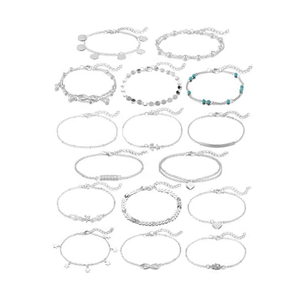 Softones 16Pcs Ankle Bracelets for Women Girls Gold Silver Two Style Chain Beach Anklet Bracelet Jewelry Anklet Set,Adjustable Size