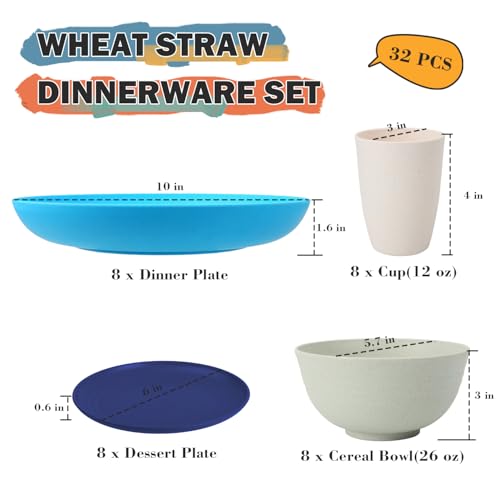 Image of Wheat Straw Dinnerware Sets of 32, Unbreakable Plates and Bowls Sets Service for 8, Dinner Plate /Dessert Plate /Bowl /Cup, for Outdoor Camping RV Apartment Essentials - Island Color