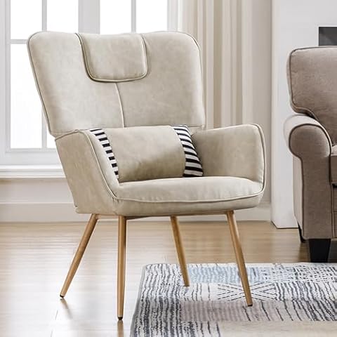 FERFALDER Upholstered Wingback Chair, Beige Accent Chair, Comfy Living Room Chairs, Faux Leather Arm Chair for Living Room, Bedroom, Office and Study Cover
