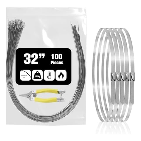 Metal Stainless Steel Zip Ties Heavy Duty for Outdoor use, 32inch 100 Pack Long Metal Cable Ties Self-locking Wire Ties High Temp Zipties Chain Link fence Ties Multi Purpose Binding Cover