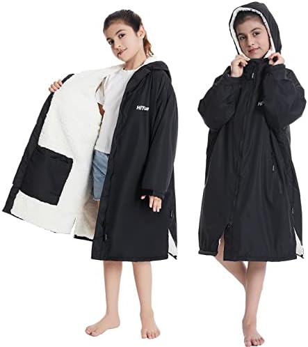 Hiturbo Warm Kids Swim Parka: Waterproof Changing Robe - Oversize Swimming Coat - Hooded Surf Poncho - Thick Lining (7-14Y)