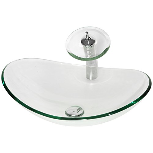 Walcut Clear Tempered Glass Bathroom Vessel Sink Art Basin And Waterfall Faucet Combo W/Chrome Pop Up Drain #TOP5