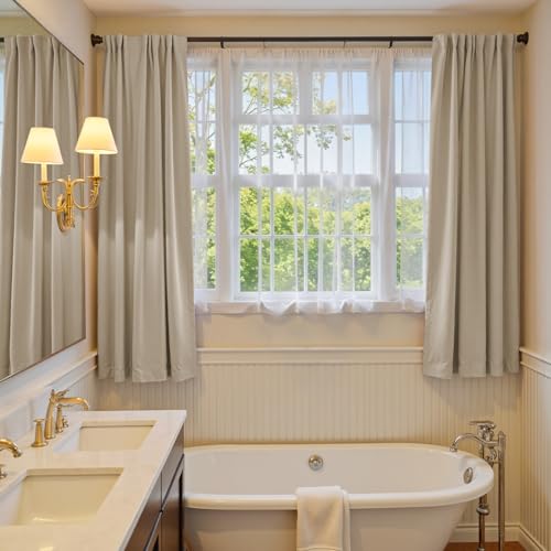 Image of Beige Velvet Curtains Neutral Rod Pocket 52x72 Inch 2 Panels | Soft Velvet, Room Darkening, For Small Windows, Kitchens & Bathrooms, Light Shifting Texture, Elegant Drape, Cozy
