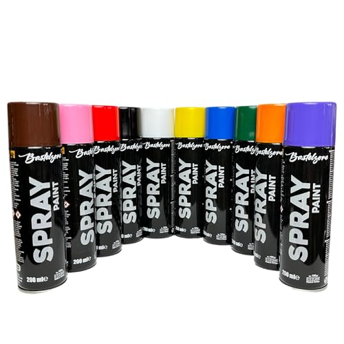 Bastelzone Sprayfarben-Set: 10 Farben je 200 ml. Schnelltrocknende Graffiti-Sprühdosen für Holz, Stein, Metall, Glas. Schwarz, Weiß, Blau, Grün, Rot, Gelb, Lila, Orange, Pink, Braun