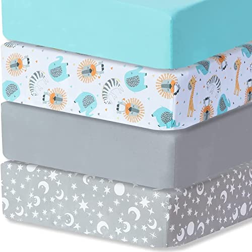 Bimocosy Fitted Crib Sheets For Boys 4 Pack, Size 28"X 52" For Standard Crib And Toddler Mattresses, Super Soft Breathable Microfiber Baby Crib Mattress Sheet, Stars/Woodland Animals/Grey/Light Green #TOP8