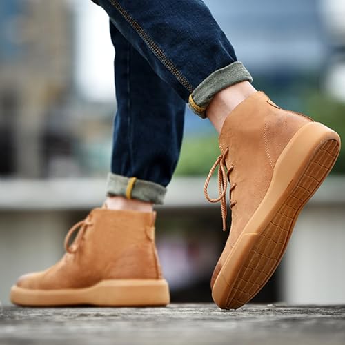 Image of Mens Mid-Top Lace-Up Leather Chukka Ankle Boots Casual Comfortable Round Toe Non-Slip Shoes for Walking Outdoor Hiking