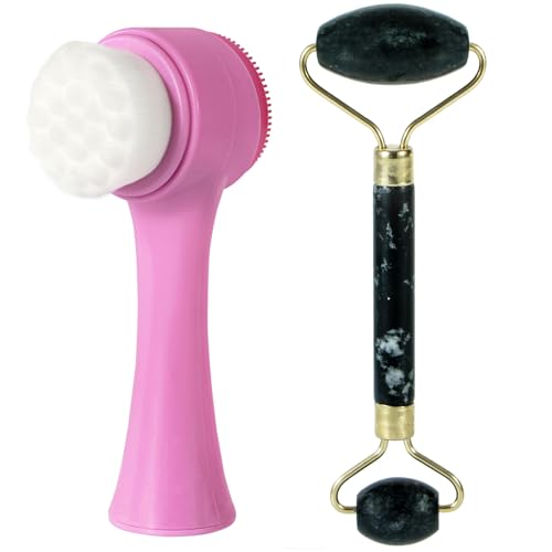 Beomeen フェイスブラシ 2 in 1、シリコンフェイシャルクレンジング 角質除去ブラシ ソフトブリストル 毛穴ディープクレンジング、翡翠フェイスローラースキンケアツール、マッサージ用手動デュアルフェイスウォッシュスクラブブラシ、パープル+ブラック