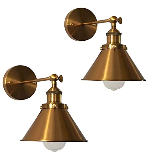 2 Pack Adjustable Brass Finish 1 Light Wall Sconce - LITFAD 7" Retro Industrial Wall Lamp Lighting Fixture with Cone Shade