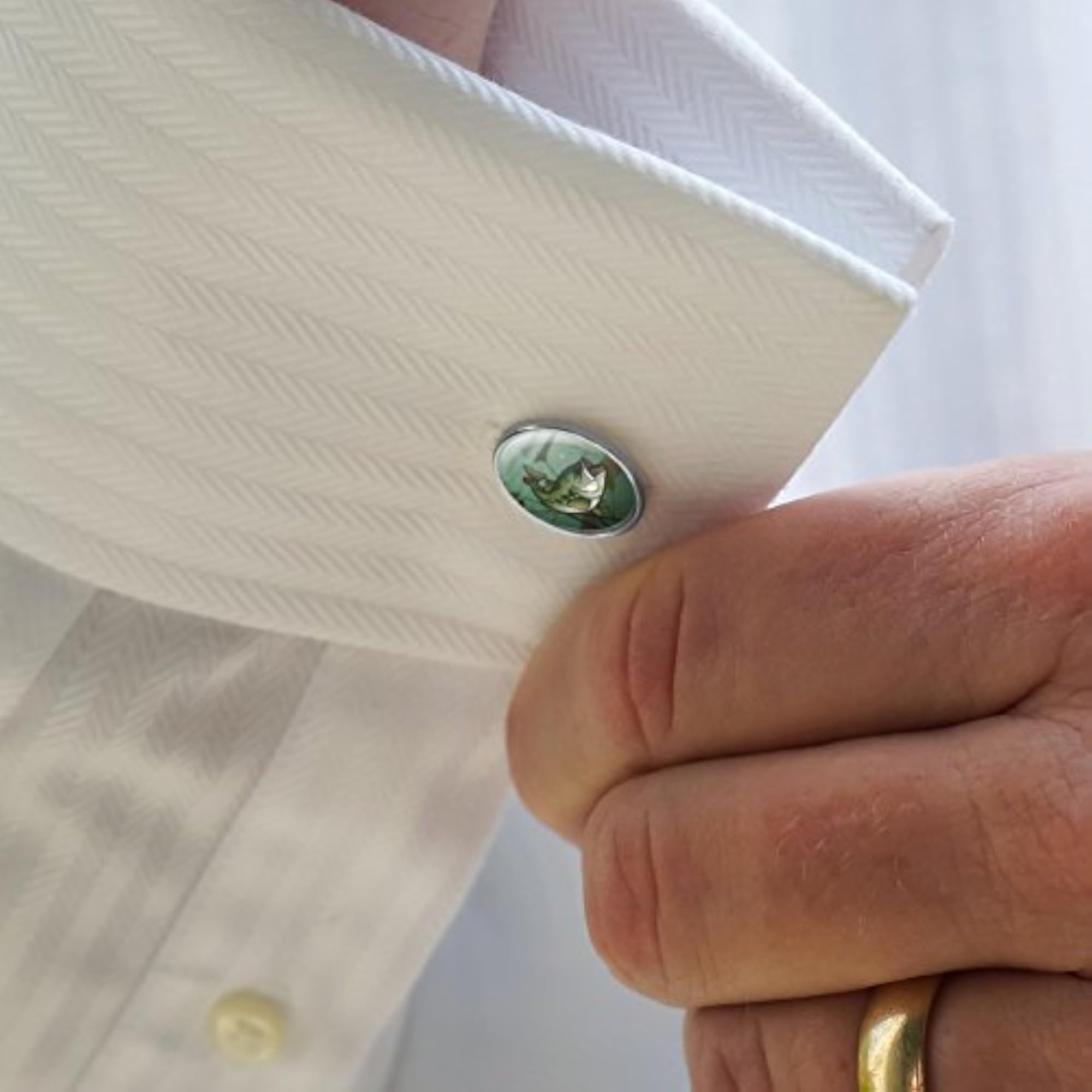 Bass Fish Swimming in River Round Cufflink Set Silver Color, Gift for Him