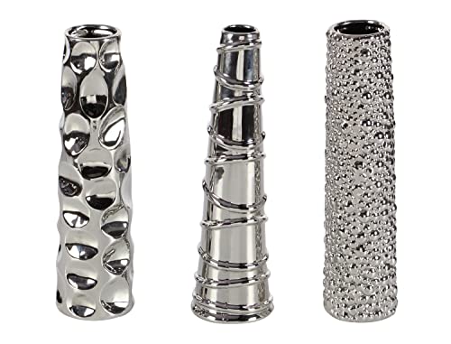 Deco 79 Ceramic Vase With Varying Patterns, Set Of 3 12"H, 3"W, Silver #TOP5