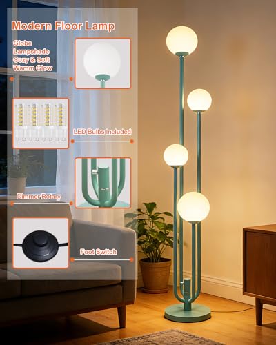 Image of Lightdot Green Globe Floor Lamp 4-Lights Dimmable Floor Lamps with 3000K Bulbs Included Unique Modern Standing Tall Lamp with 5Lbs Heavy Base for Living Room /Bedroom